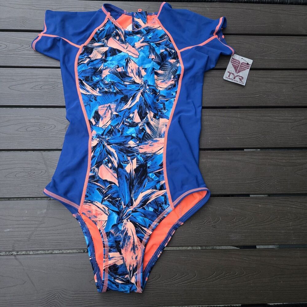 TYR Women's Blue/coral Floral Florina Willa 1-piece Swim Zipper Back Sz S NEW
